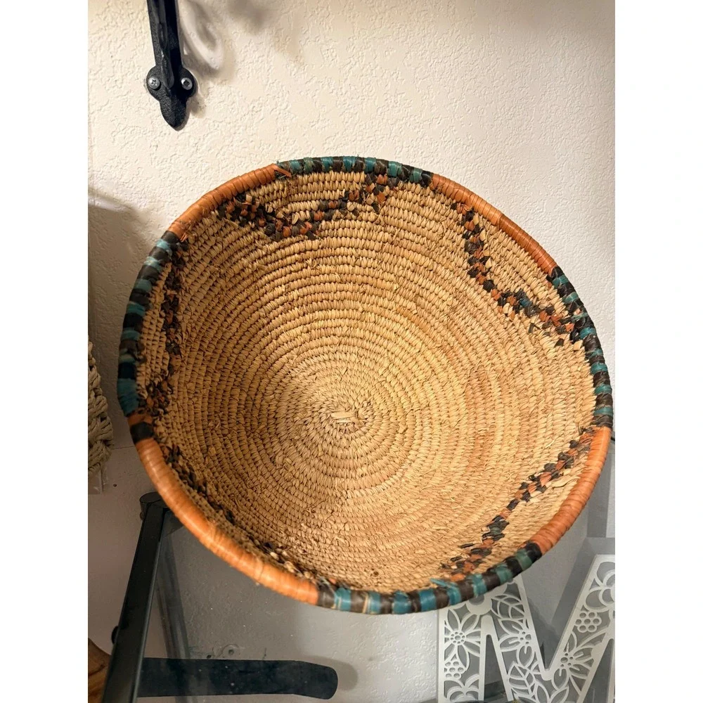 Handwoven Wicker Basket Decorative Tray Boho Tribal‎ Geometric Pattern 11